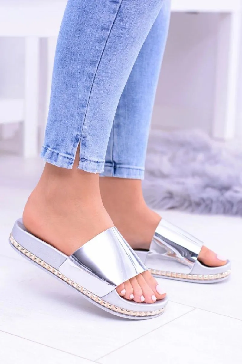 Klapki Sportowe|Klapki Damskie Klasyczne>Boto Damskie Srebrne Klapki z Dżetami Mirock