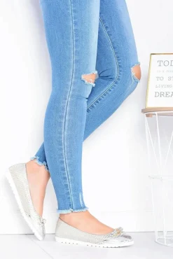 Hot Boto Damskie Srebrne Wsuwane Balerinki Z Kokardką Cleoss