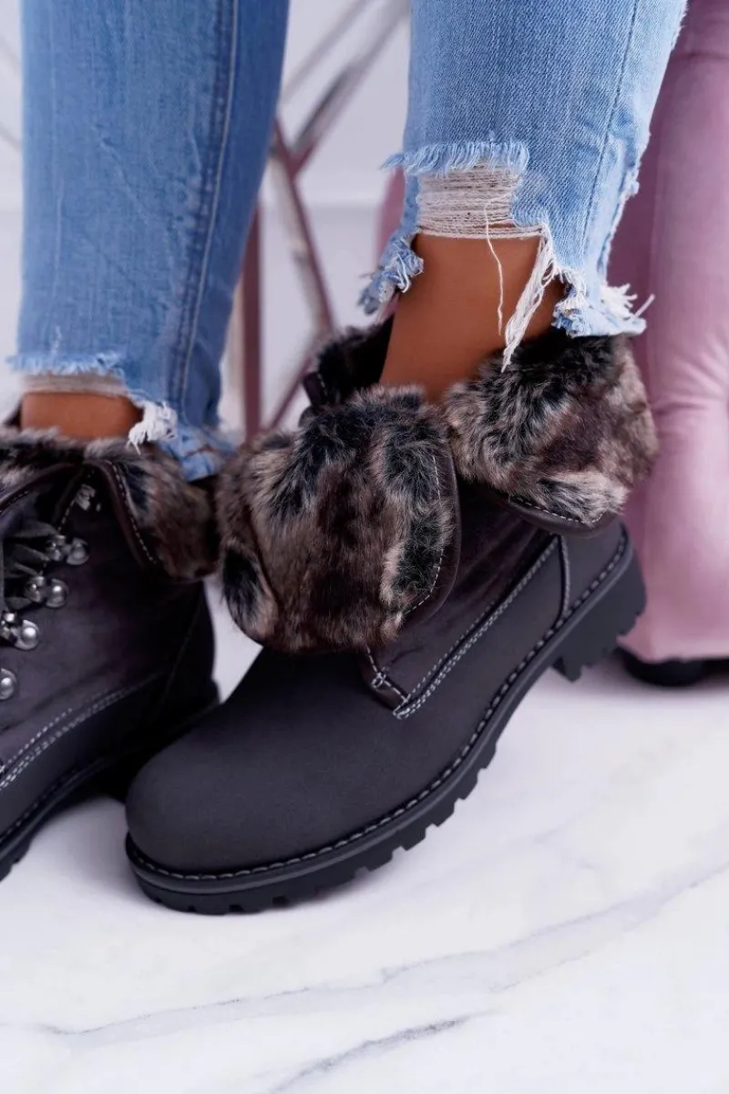 Botki Sznurowane|Botki Płaskie>Boto Damskie Szare Botki Trapery z Futerkiem Chester