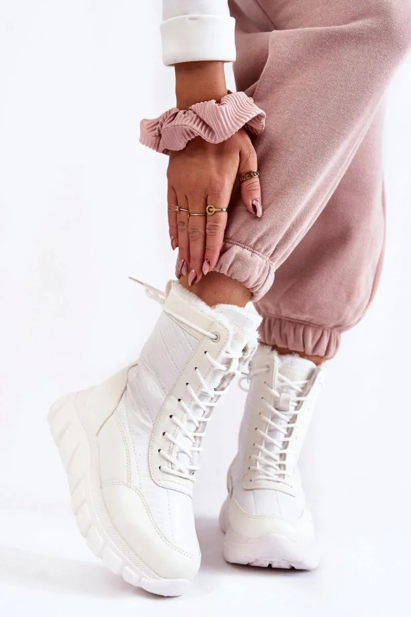 Hot Damskie Sznurowane Botki Śniegowce Na Platformie Biało-Beżowe Anubi Damskie Śniegowce Damskie|Botki Płaskie