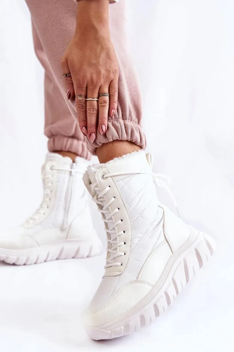 Hot Damskie Sznurowane Botki Śniegowce Na Platformie Biało-Beżowe Anubi Damskie Śniegowce Damskie|Botki Płaskie