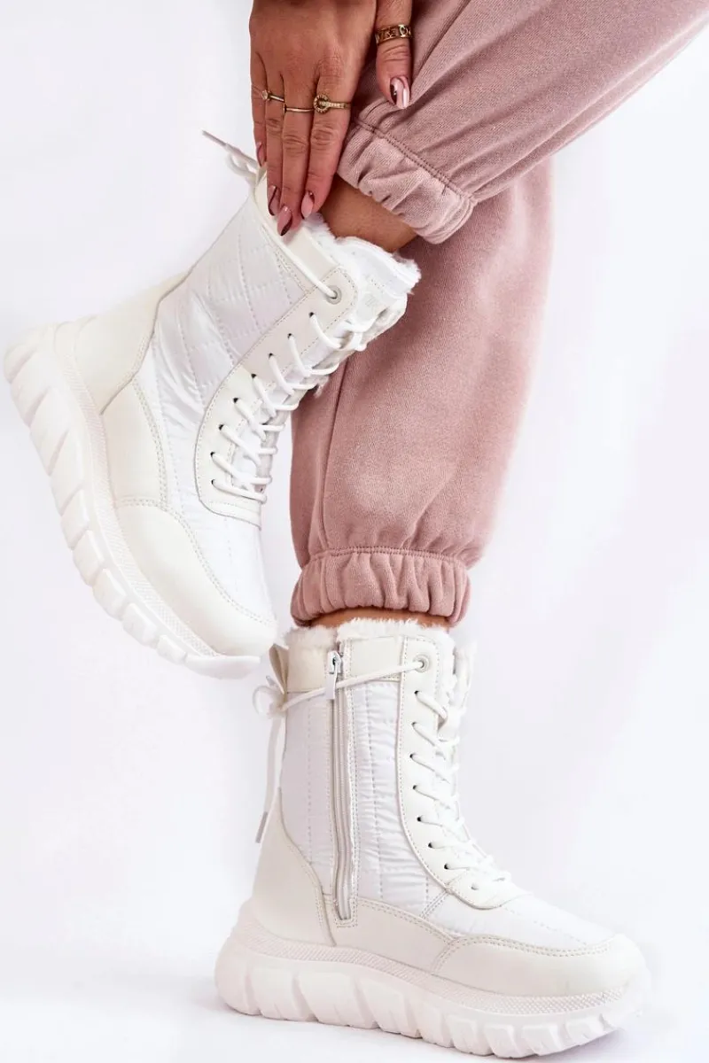 Hot Damskie Sznurowane Botki Śniegowce Na Platformie Biało-Beżowe Anubi Damskie Śniegowce Damskie|Botki Płaskie