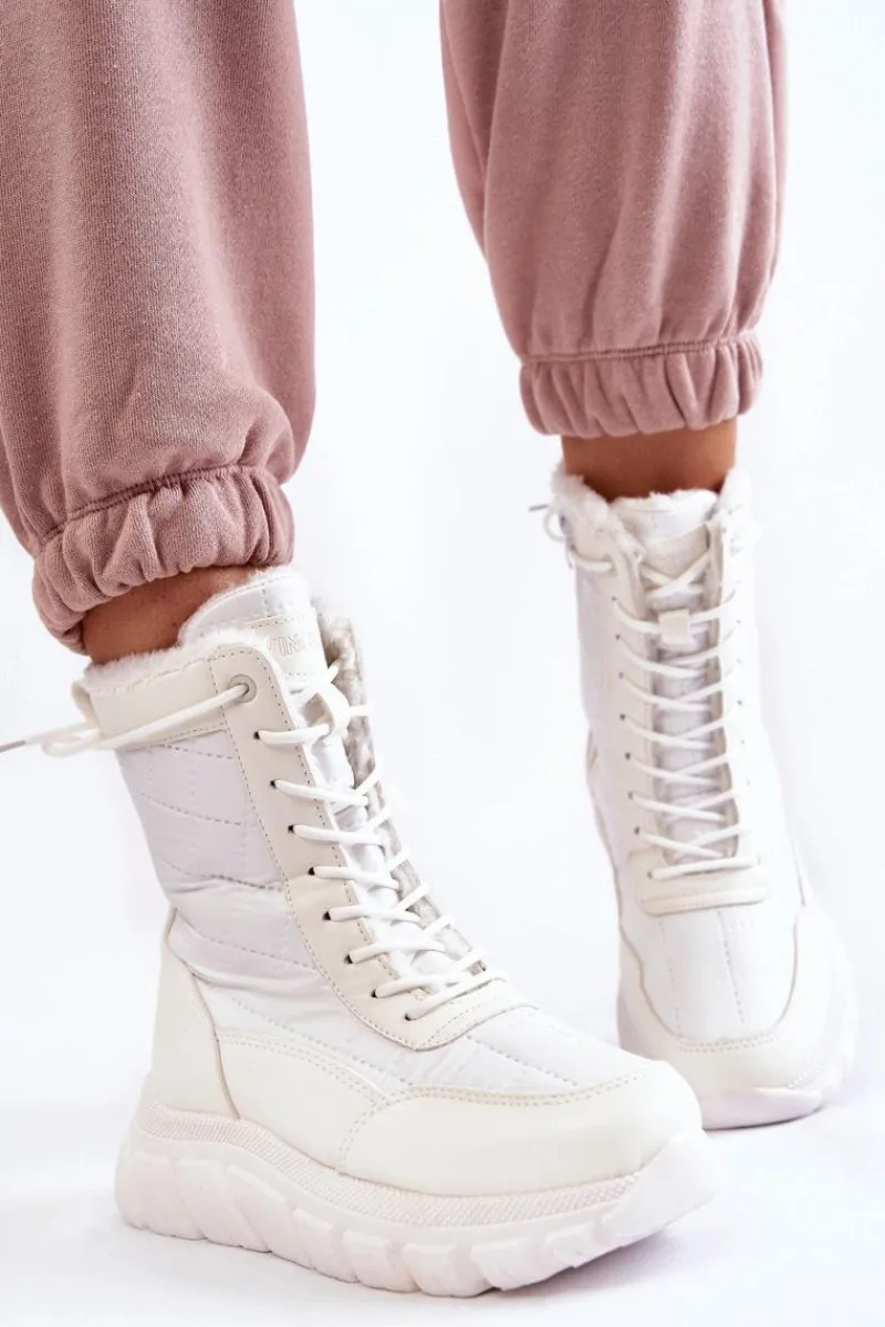 Hot Damskie Sznurowane Botki Śniegowce Na Platformie Biało-Beżowe Anubi Damskie Śniegowce Damskie|Botki Płaskie