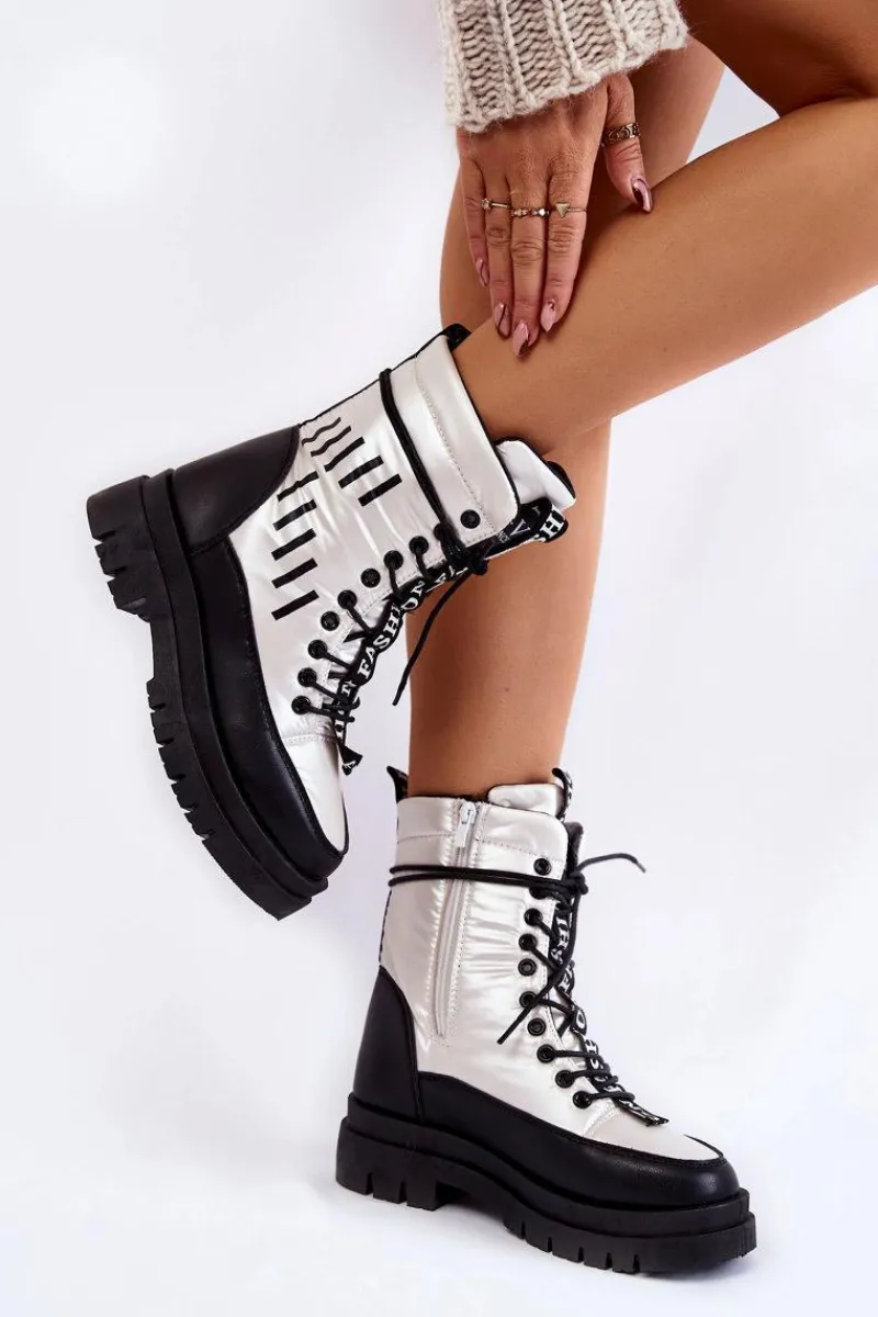 Śniegowce Damskie|Damskie Trapery>Buty damskie Vinceza Damskie Sznurowane Botki Śniegowce Vinceza 23-34586 Biało-Czarne Biały
