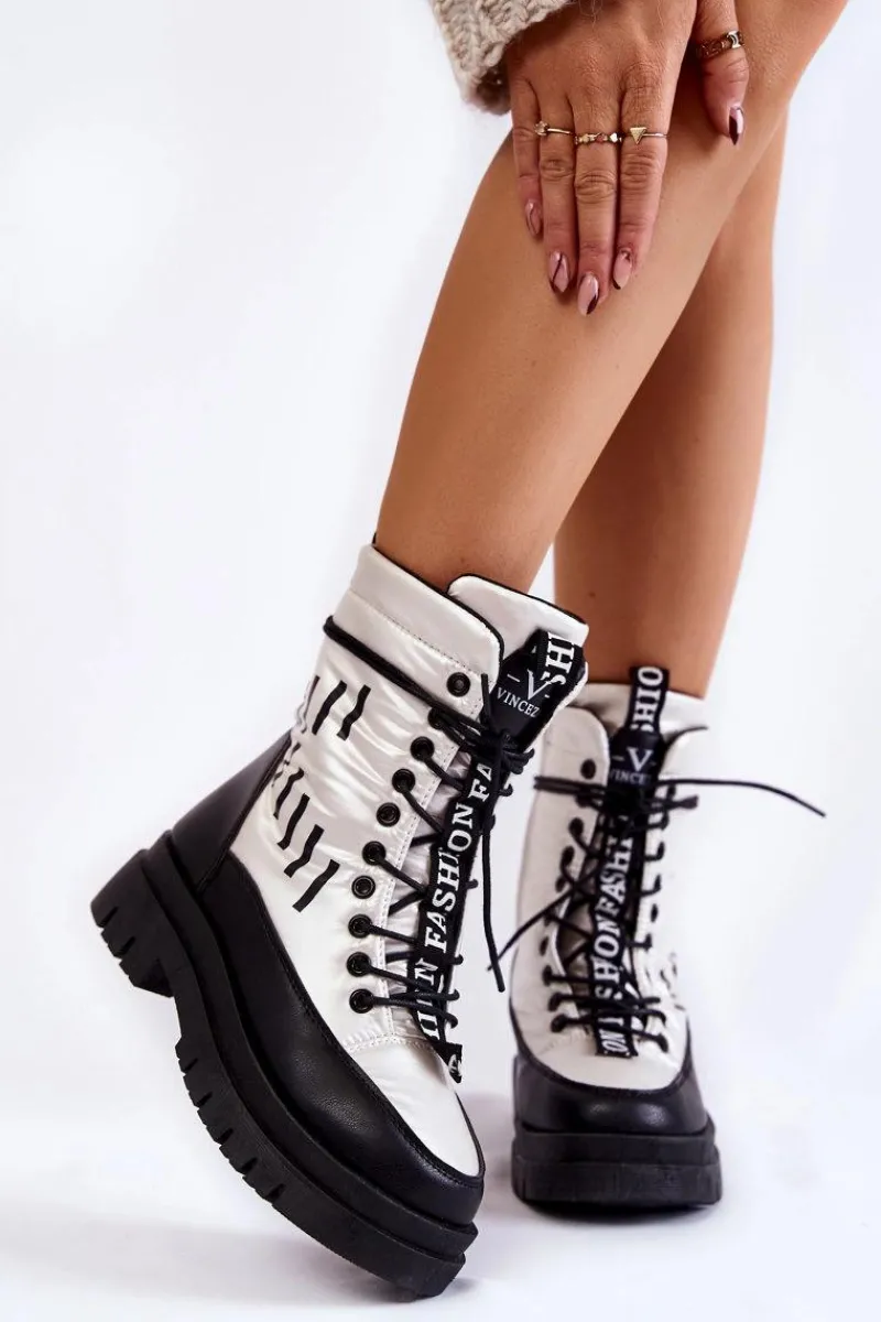 Śniegowce Damskie|Damskie Trapery>Buty damskie Vinceza Damskie Sznurowane Botki Śniegowce Vinceza 23-34586 Biało-Czarne Biały