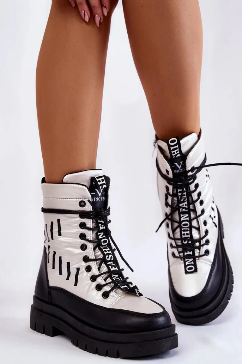 Śniegowce Damskie|Damskie Trapery>Buty damskie Vinceza Damskie Sznurowane Botki Śniegowce Vinceza 23-34586 Biało-Czarne Biały