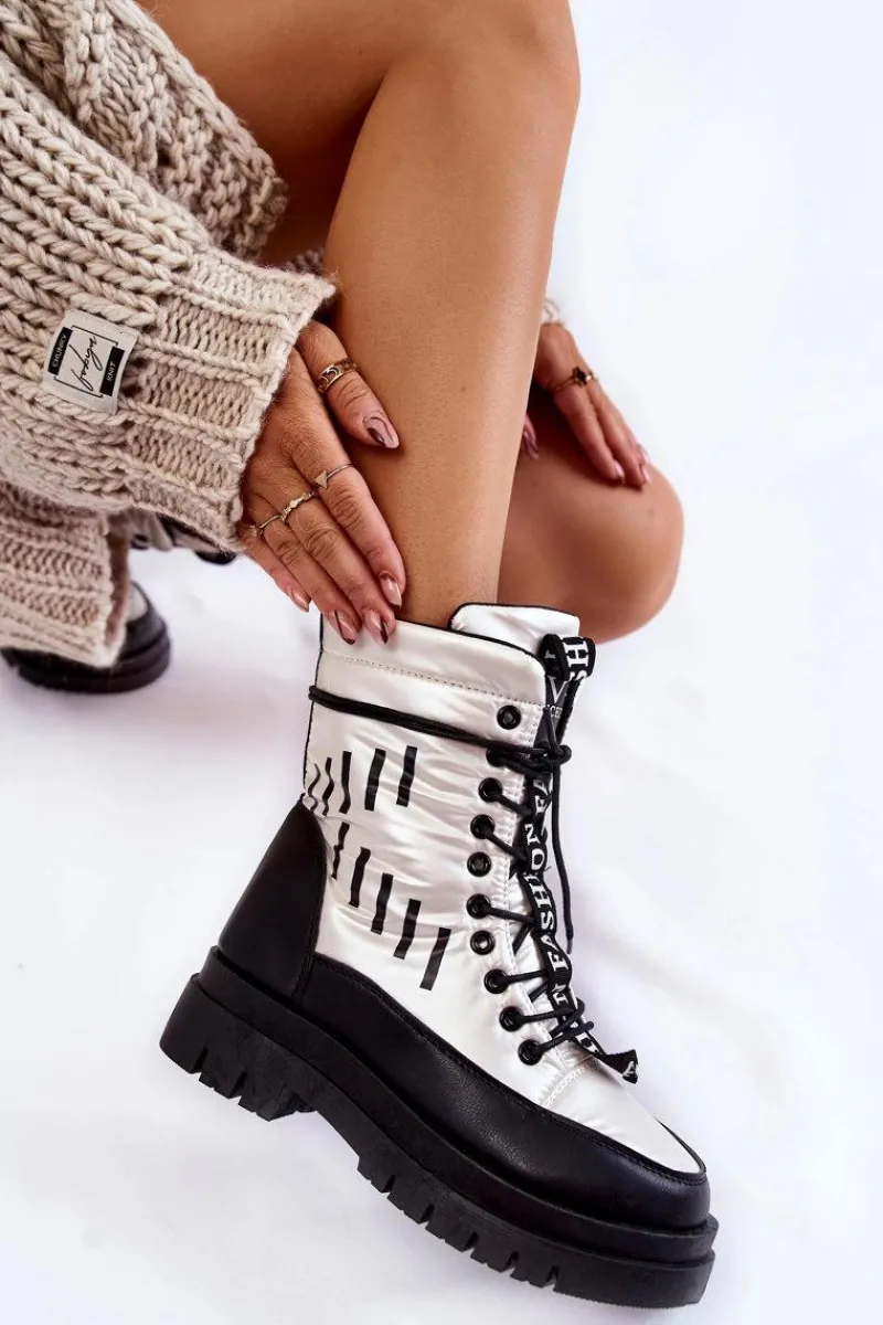 Śniegowce Damskie|Damskie Trapery>Buty damskie Vinceza Damskie Sznurowane Botki Śniegowce Vinceza 23-34586 Biało-Czarne Biały