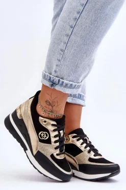 Sneakersy Damskie>Evento Damskie Sznurowane Buty Sportowe Na Koturnie Czarno-Złote Genova