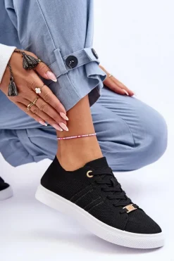 Outlet Boto Damskie Sznurowane Trampki Czarne Etna Czarny