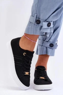 Outlet Boto Damskie Sznurowane Trampki Czarne Etna Czarny