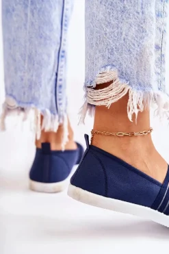 Trampki Damskie Slip-On></noscript>Damskie buty S.Barski Damskie Tenisówki Materiałowe Slip-On Granatowe Lilis