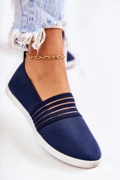 Trampki Damskie Slip-On></noscript>Damskie buty S.Barski Damskie Tenisówki Materiałowe Slip-On Granatowe Lilis