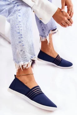 Trampki Damskie Slip-On></noscript>Damskie buty S.Barski Damskie Tenisówki Materiałowe Slip-On Granatowe Lilis