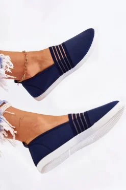 Trampki Damskie Slip-On></noscript>Damskie buty S.Barski Damskie Tenisówki Materiałowe Slip-On Granatowe Lilis
