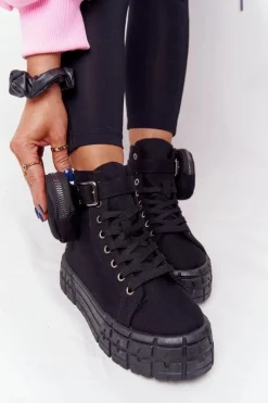 New Damskie Tenisówki Na Platformie Z Nerką Czarne Popcorn Damskie Trampki Damskie Wysokie