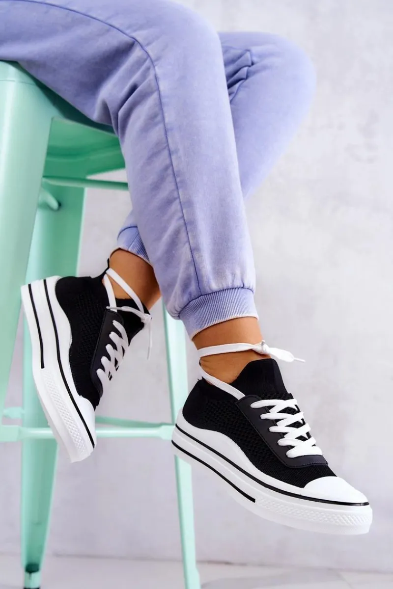 Trampki Damskie Niskie>Damskie buty S.Barski Damskie Tenisówki Skarpetkowe Czarne Soren Czarny