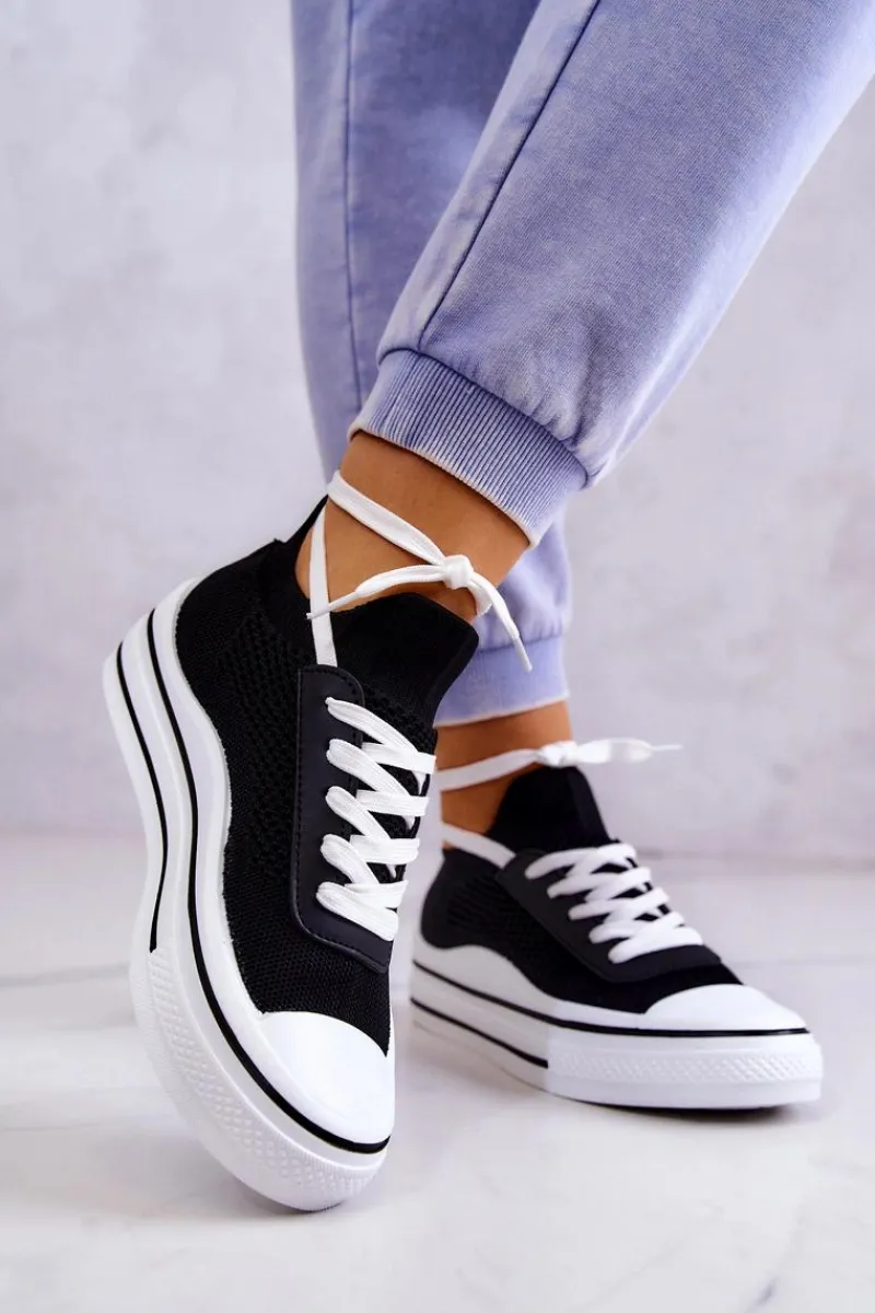 Trampki Damskie Niskie>Damskie buty S.Barski Damskie Tenisówki Skarpetkowe Czarne Soren Czarny