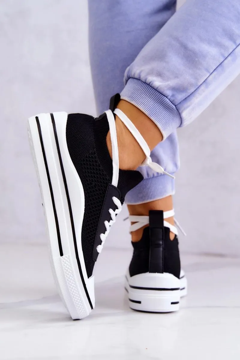 Trampki Damskie Niskie>Damskie buty S.Barski Damskie Tenisówki Skarpetkowe Czarne Soren Czarny