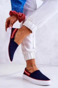 Outlet Damskie Tenisówki Slip On Big Star JJ276009 Granatowo-Czerwone Damskie Trampki Damskie Slip-On|Trampki Damskie Big Star