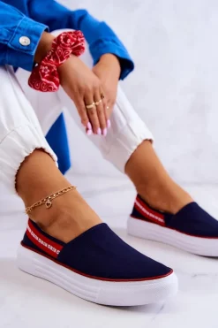 Outlet Damskie Tenisówki Slip On Big Star JJ276009 Granatowo-Czerwone Damskie Trampki Damskie Slip-On|Trampki Damskie Big Star
