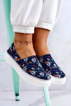 Online Big Star Shoes Damskie Tenisówki Slip On Memory Foam Big Star JJ276016 Granatowe