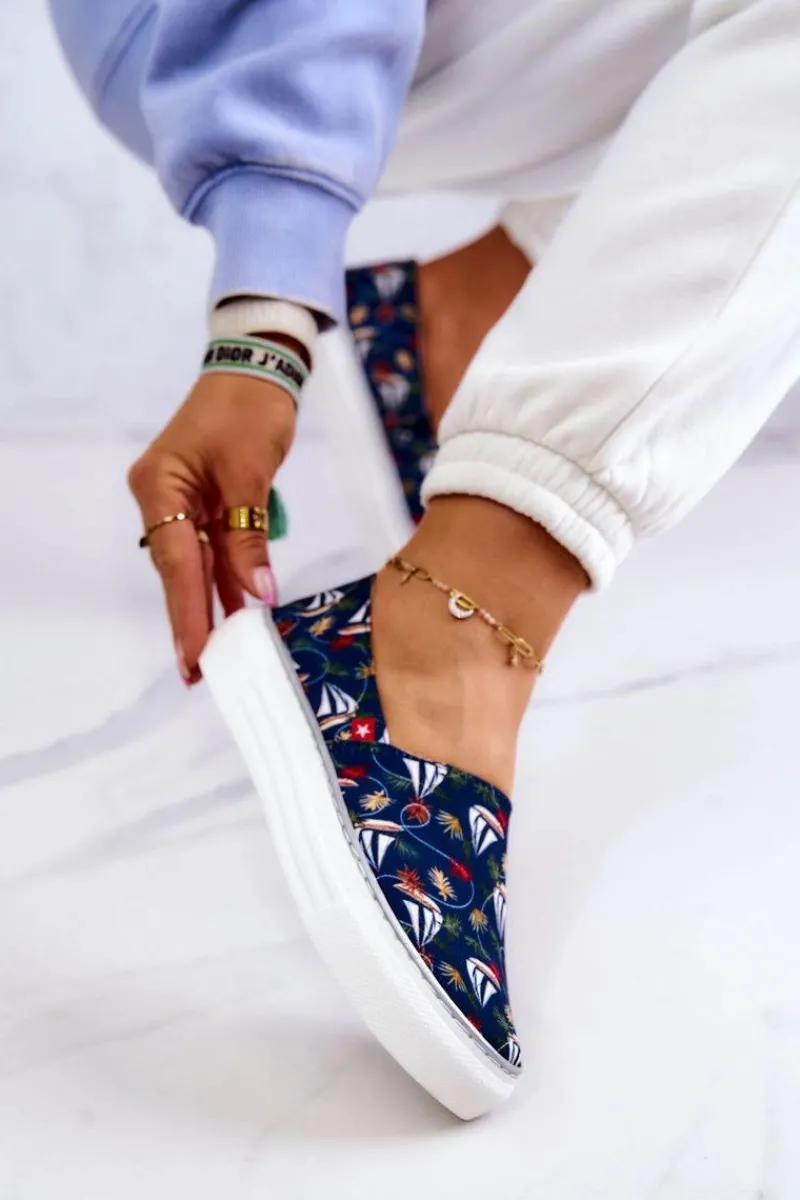 Online Big Star Shoes Damskie Tenisówki Slip On Memory Foam Big Star JJ276016 Granatowe