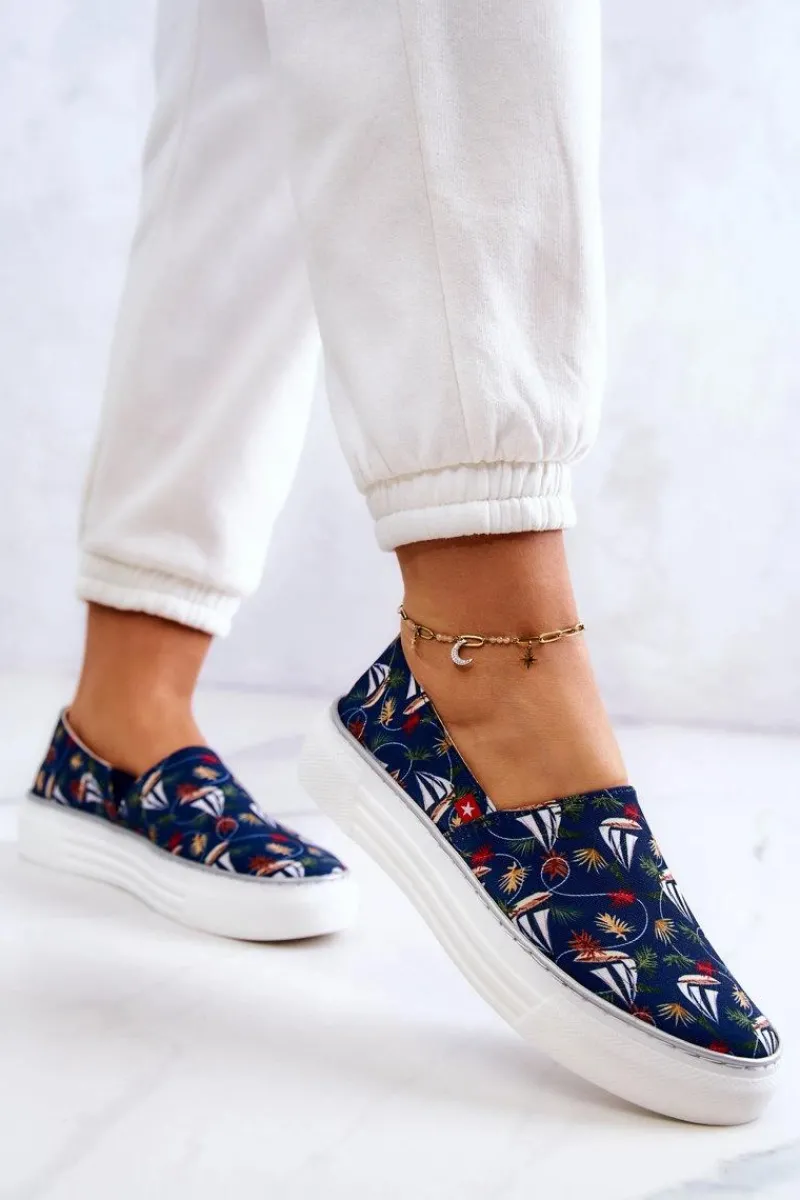 Online Big Star Shoes Damskie Tenisówki Slip On Memory Foam Big Star JJ276016 Granatowe