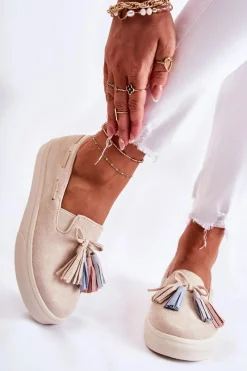 Sale Damskie Tenisówki Trampki Slip-On Beżowe Venira Damskie Trampki Damskie Slip-On