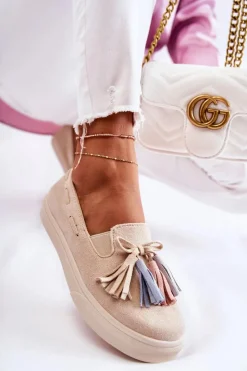 Sale Damskie Tenisówki Trampki Slip-On Beżowe Venira Damskie Trampki Damskie Slip-On