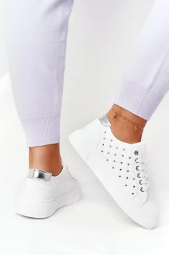 Trampki Damskie Niskie>Boto Damskie Tenisówki Z Pikowaniem Biało-Srebrne Fondness