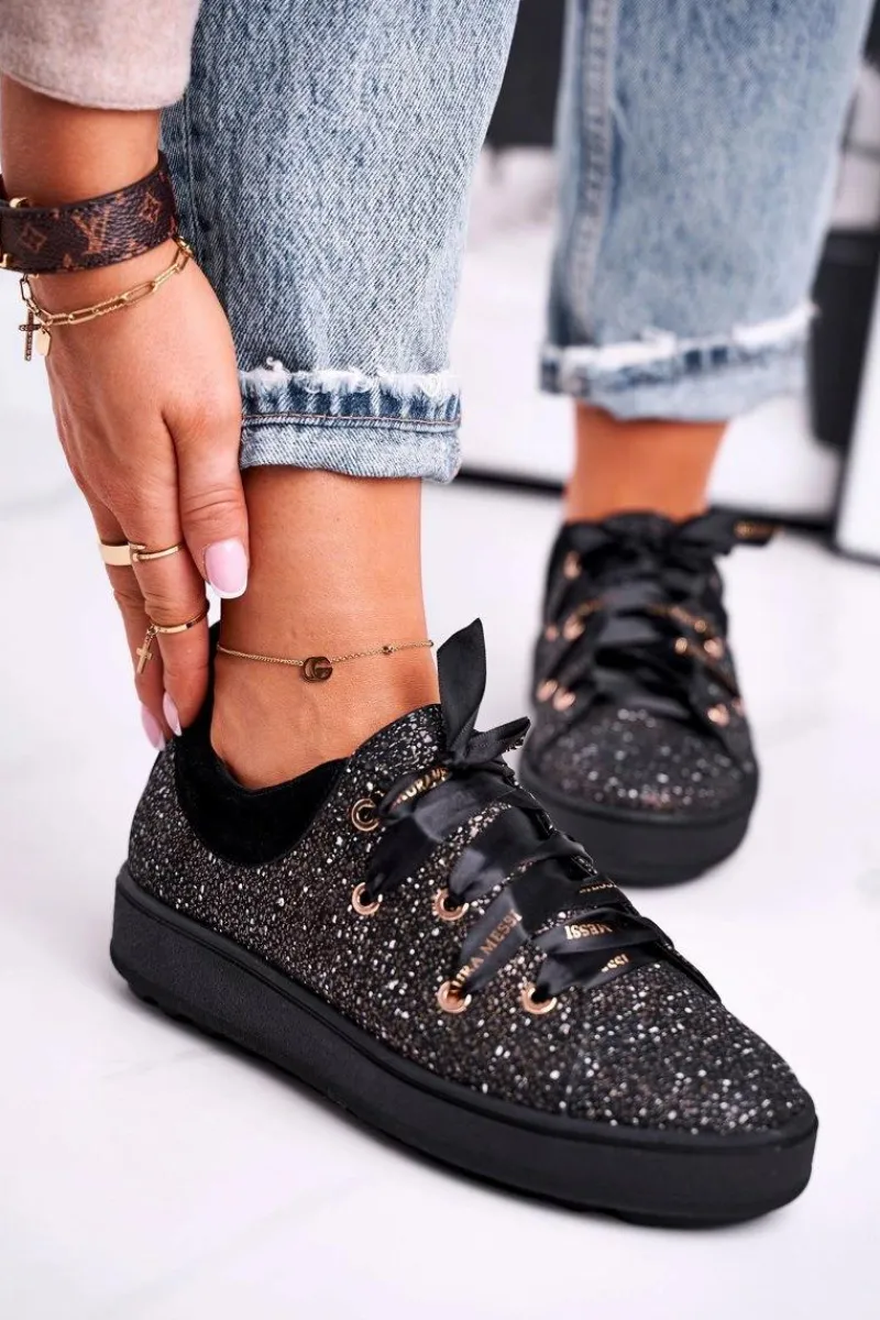 Hot Laura Messi Damskie Trampki Eleganckie Skórzane Czarne 2045