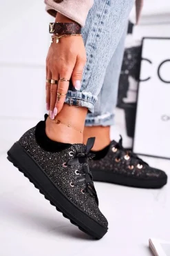 Hot Laura Messi Damskie Trampki Eleganckie Skórzane Czarne 2045