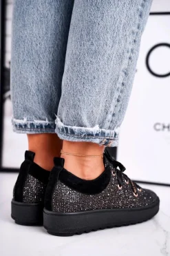 Hot Laura Messi Damskie Trampki Eleganckie Skórzane Czarne 2045