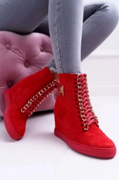 Trampki Damskie Wysokie>Boto Damskie Trampki Lu Boo Z Łańcuchami Zamszowe Czerwone Monica