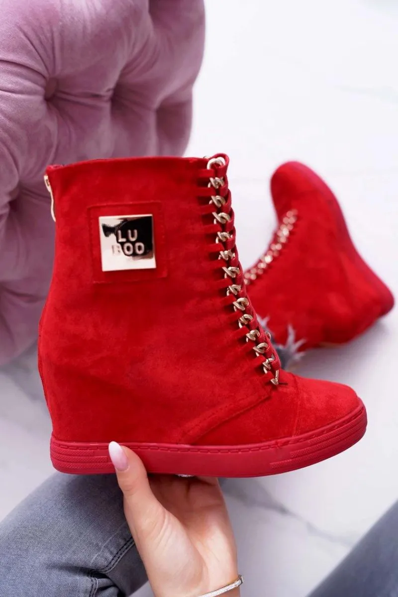 Trampki Damskie Wysokie>Boto Damskie Trampki Lu Boo Z Łańcuchami Zamszowe Czerwone Monica