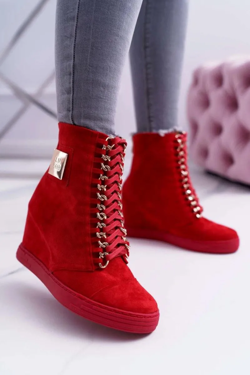 Trampki Damskie Wysokie>Boto Damskie Trampki Lu Boo Z Łańcuchami Zamszowe Czerwone Monica