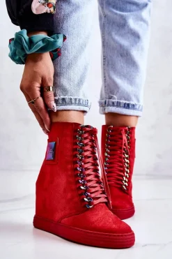 New Damskie Trampki Lu Boo Z Łańcuchami Zamszowe Multi-Czerwone Monica Damskie Trampki Damskie Wysokie