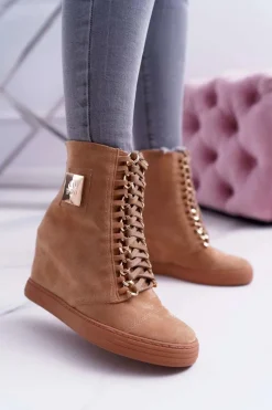 Damskie Trampki Lu Boo Złoty Łańcuch Zamsz Camel Monica Damskie Trampki Damskie Wysokie
