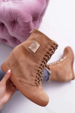 Damskie Trampki Lu Boo Złoty Łańcuch Zamsz Camel Monica Damskie Trampki Damskie Wysokie