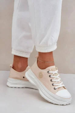 Hot Damskie Trampki Na Masywnej Podeszwie Big Star NN274127 Beżowe Damskie Trampki Damskie Big Star|Big Star