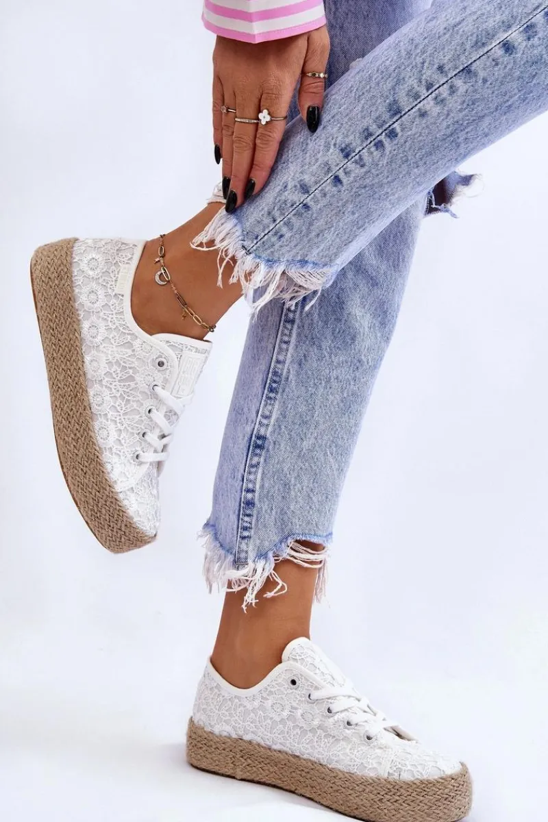 Trampki Damskie Big Star|Trampki Damskie Niskie>Big Star Shoes Damskie Trampki Na Plecionej Platformie Big Star LL274199 Białe