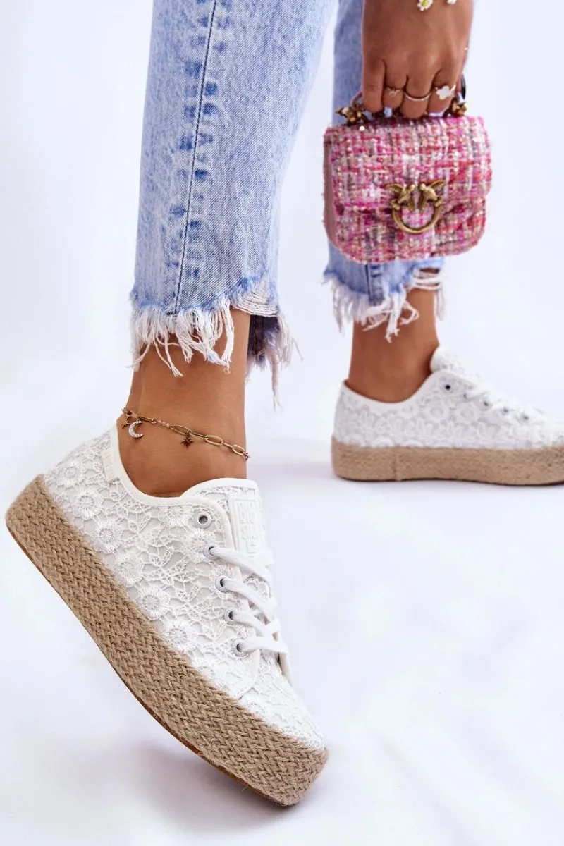 Trampki Damskie Big Star|Trampki Damskie Niskie>Big Star Shoes Damskie Trampki Na Plecionej Platformie Big Star LL274199 Białe