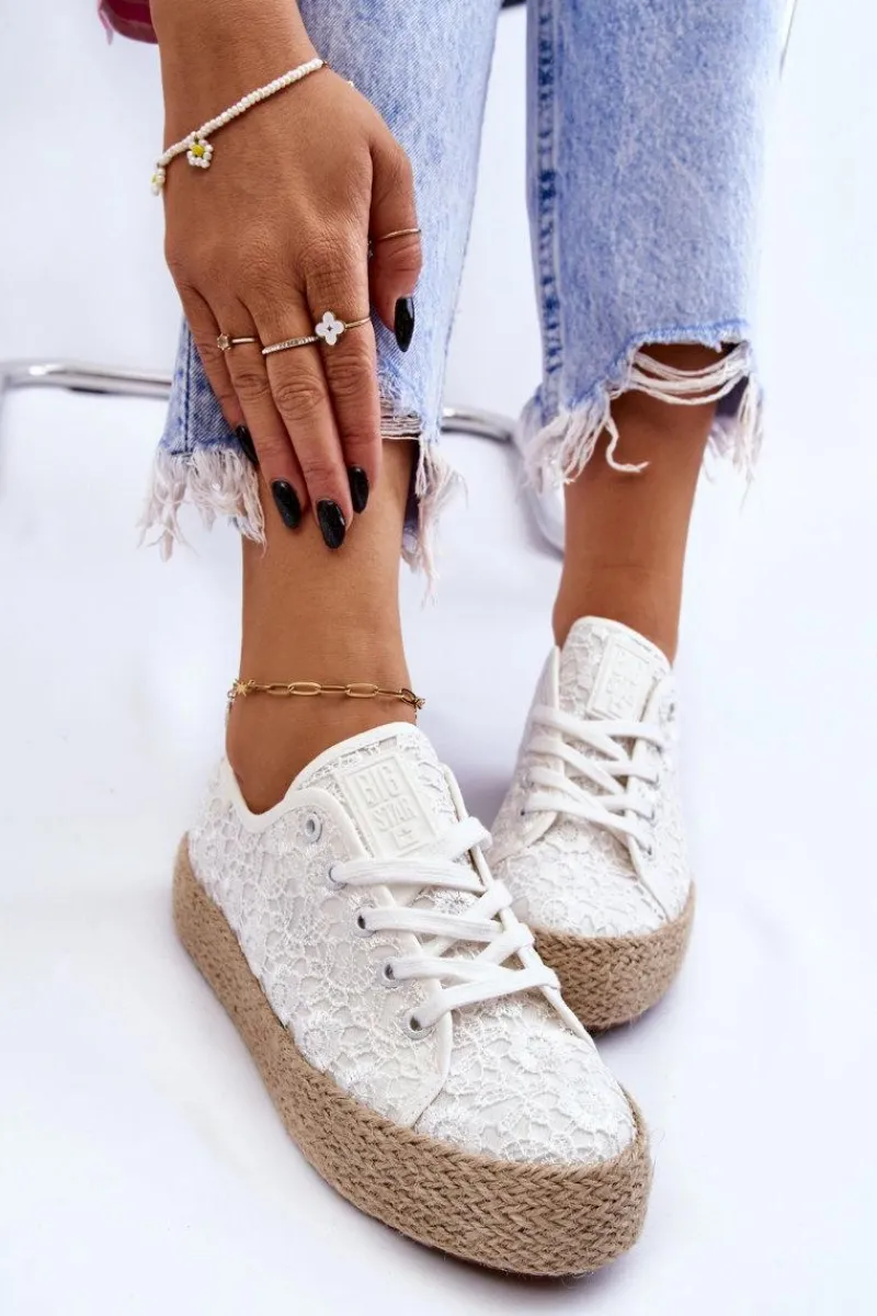 Trampki Damskie Big Star|Trampki Damskie Niskie>Big Star Shoes Damskie Trampki Na Plecionej Platformie Big Star LL274199 Białe