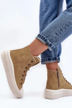 Trampki Damskie Big Star|Trampki Damskie Wysokie></noscript>Big Star Shoes Damskie Trampki Na Suwak Ocieplane Camel Big Star MM274026