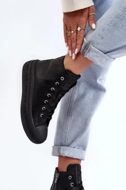 Trampki Damskie Big Star|Trampki Damskie Wysokie>Big Star Shoes Damskie Trampki Na Suwak Ocieplane Czarne Big Star MM274023