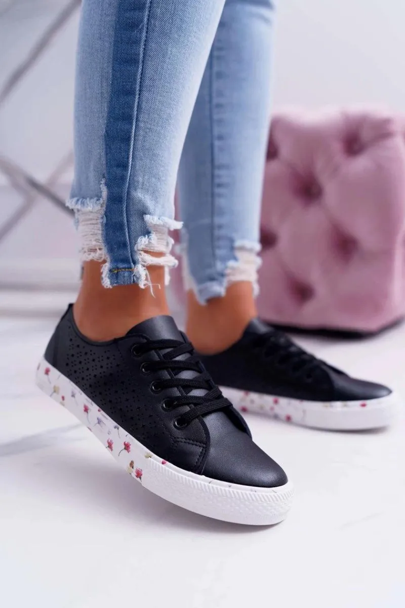 Trampki Damskie Niskie>Boto Damskie Trampki W Kwiaty Ażurowe Czarne Loriann