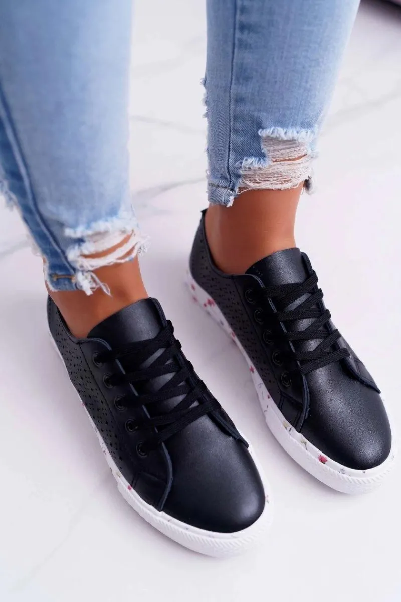 Trampki Damskie Niskie>Boto Damskie Trampki W Kwiaty Ażurowe Czarne Loriann