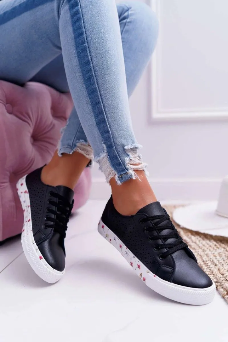 Trampki Damskie Niskie>Boto Damskie Trampki W Kwiaty Ażurowe Czarne Loriann