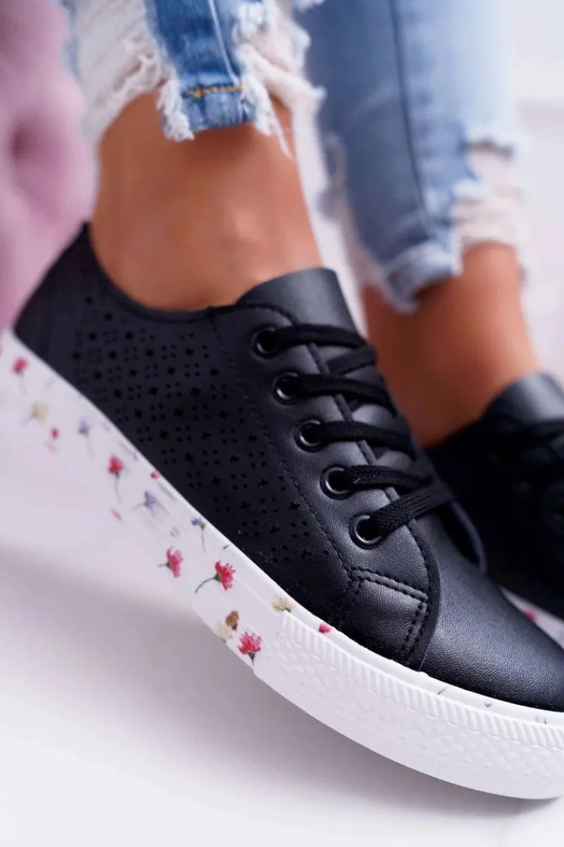 Trampki Damskie Niskie>Boto Damskie Trampki W Kwiaty Ażurowe Czarne Loriann