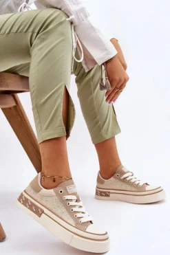 Outlet GOE Damskie Trampki Z Dżetami LL2N4055 Beżowe